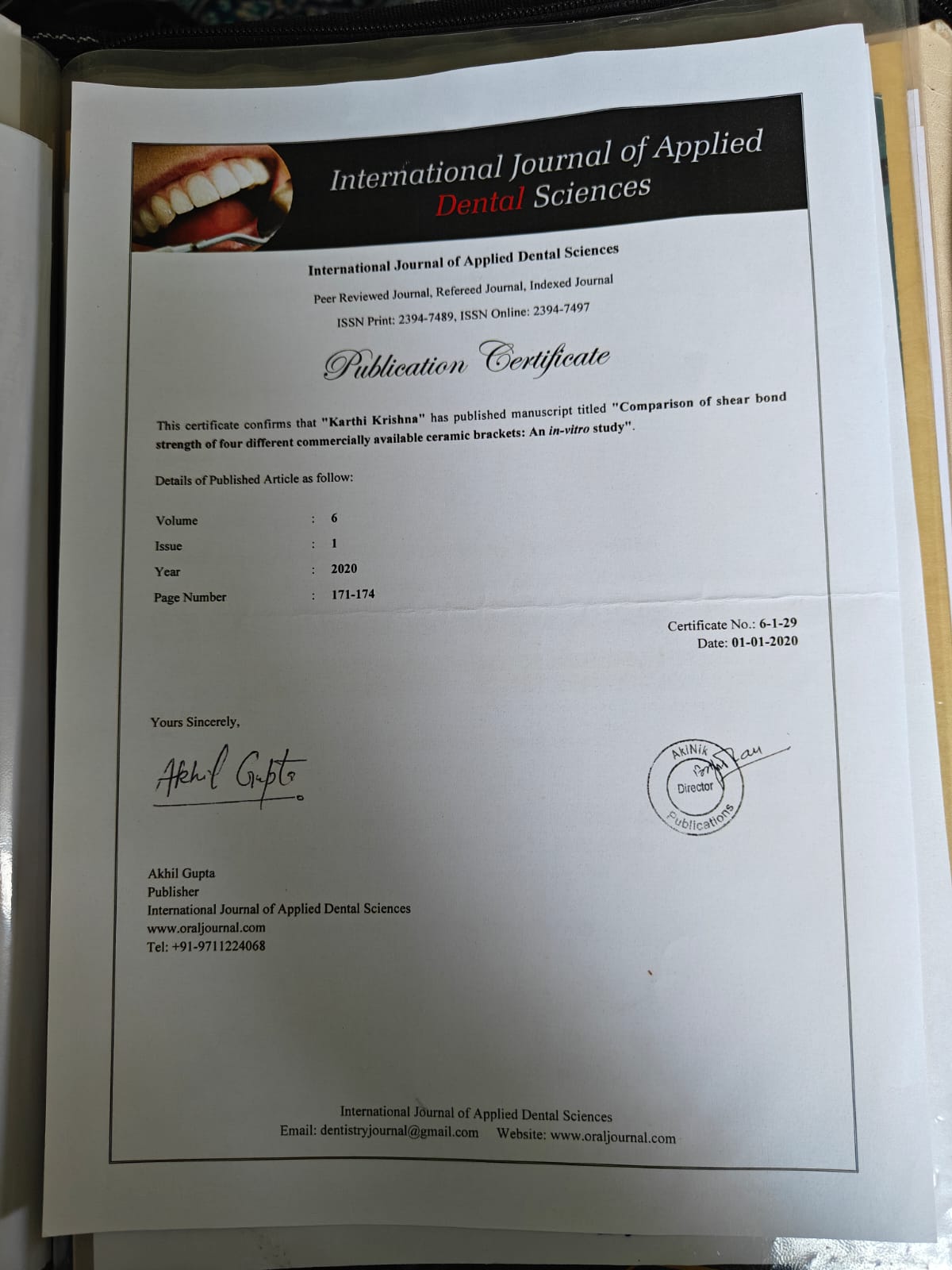 Publication — International Journal of Applied Dental Sciences